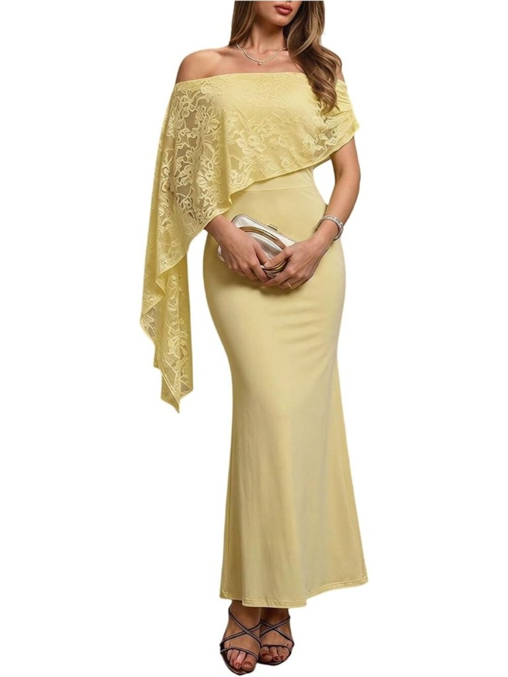 Women's Yellow Lace Off Shoulder Formal Elgant Night Out Wedding Guest Dresses